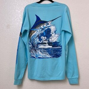 Guy Harvey Bluewater Mens Fishing Boat Marlin Graphic Long Sleeve T‎ Shirt Small